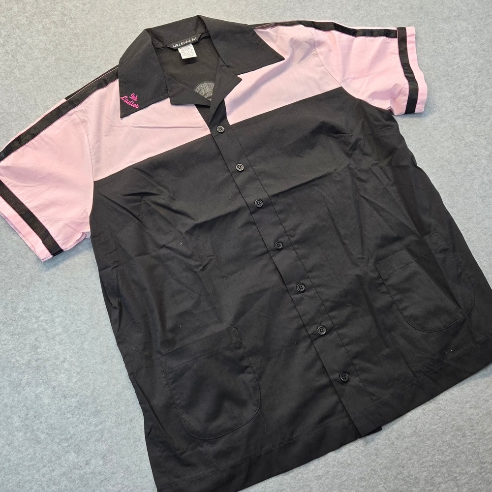 Millennium Ink Ladies Bowling Shirt Black Pink Retro Tattoo Graphic Medium USA